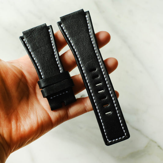 Bell & Ross Watch Straps Black Leather With White Stitching Handmade - ruslieco