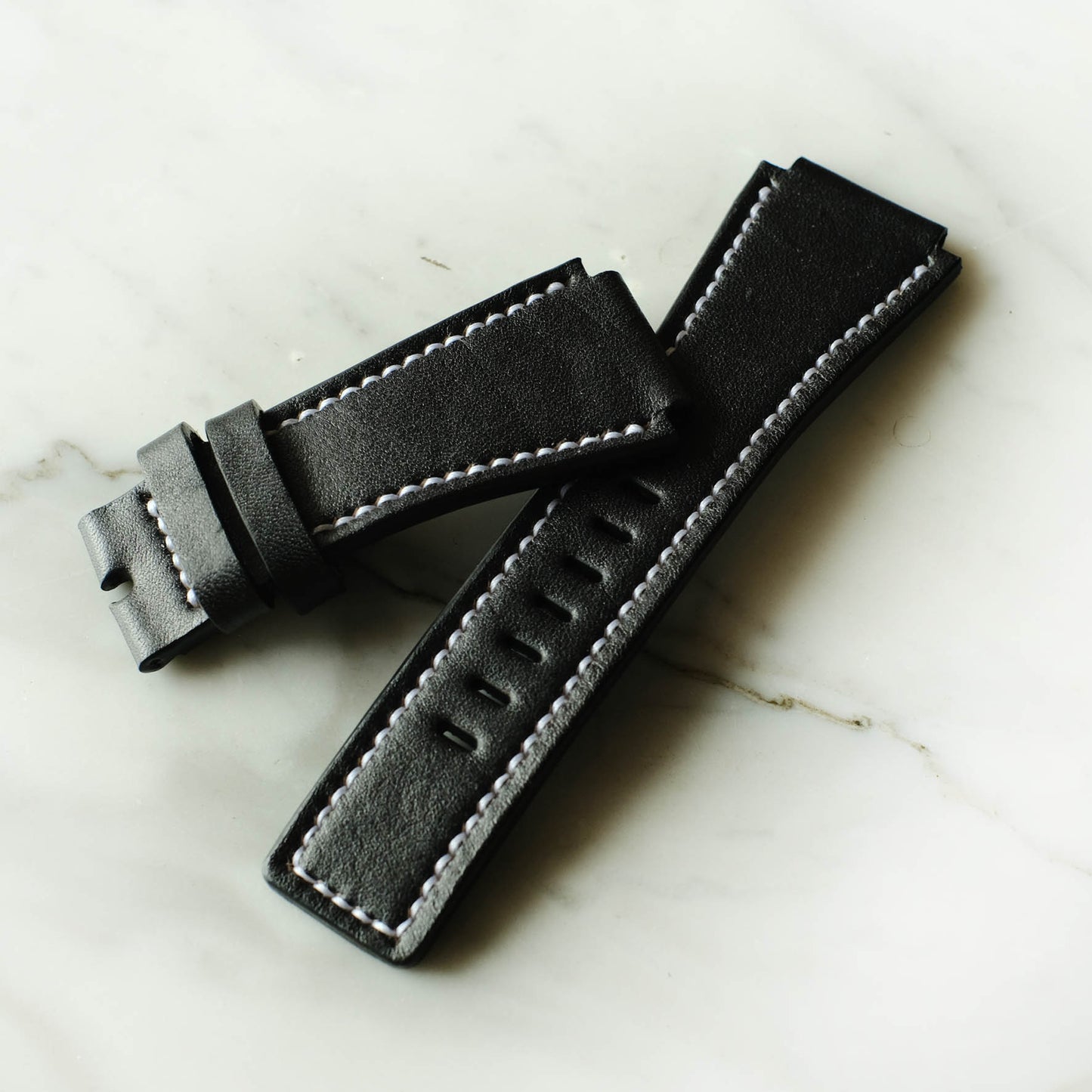 Bell & Ross Watch Straps Black Leather With White Stitching Handmade - ruslieco