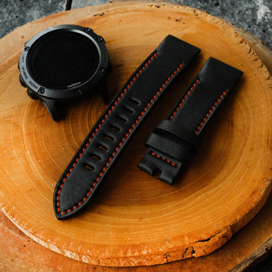 Garmin Quick Fit Watch Strap Black Leather With Red Stitching Handmade