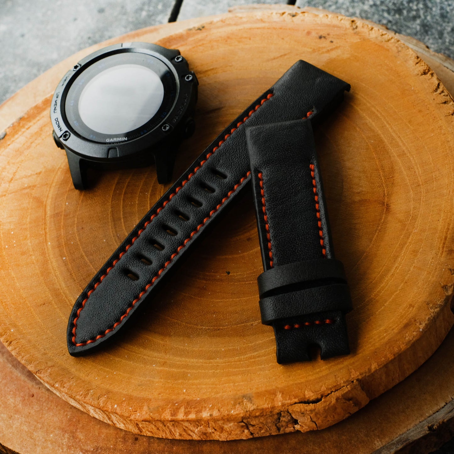 Garmin Quick Fit Watch Strap Black Leather With Red Stitching Handmade