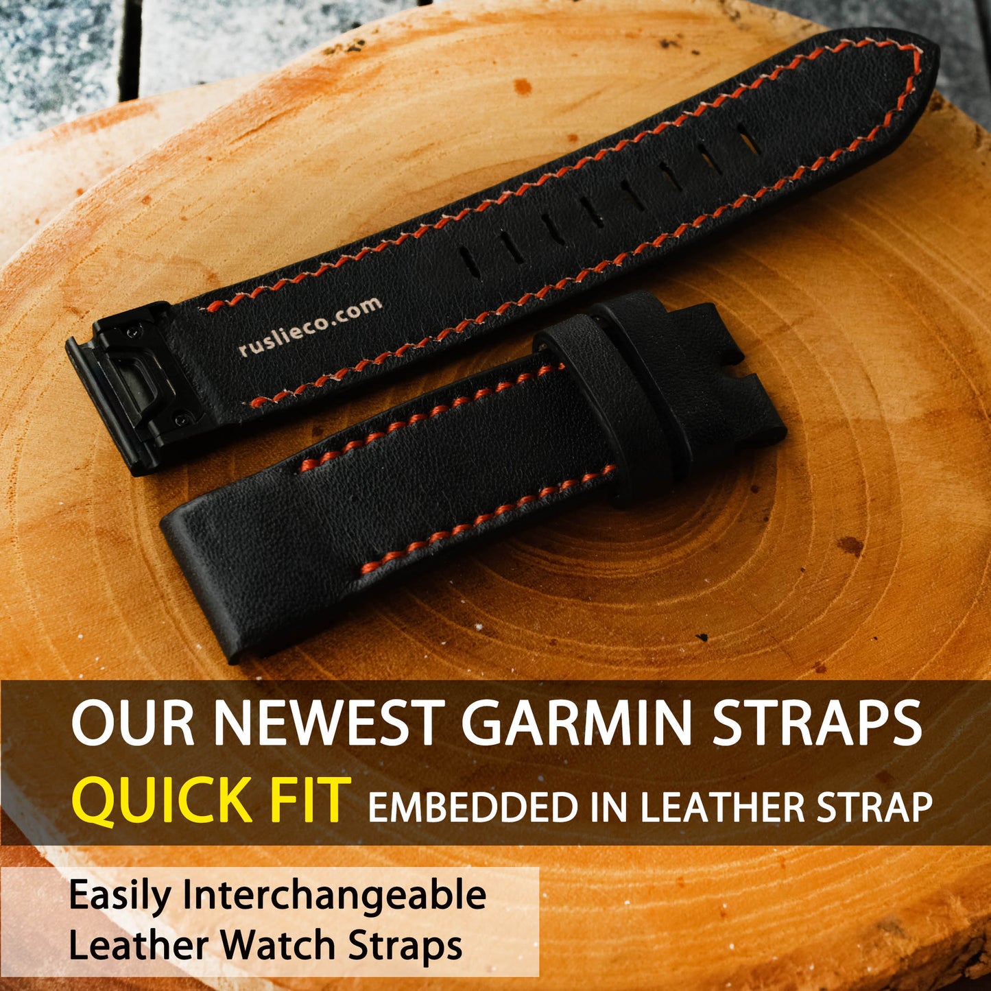 Garmin Quick Fit Watch Strap Black Leather With Red Stitching Handmade