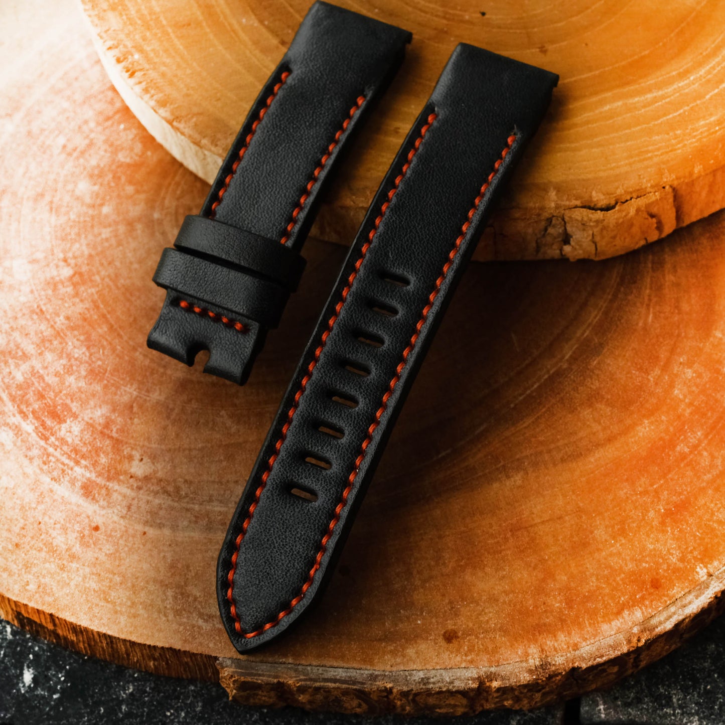 Garmin Quick Fit Watch Strap Black Leather With Red Stitching Handmade