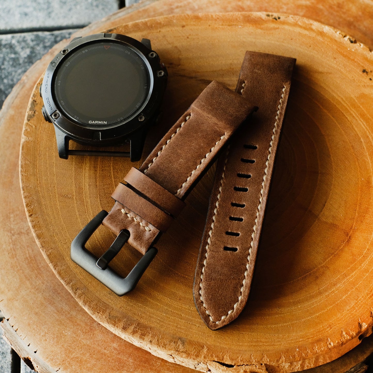 Crazy Horse Cowhide Chestnut Cream Stitching Garmin Leather Strap