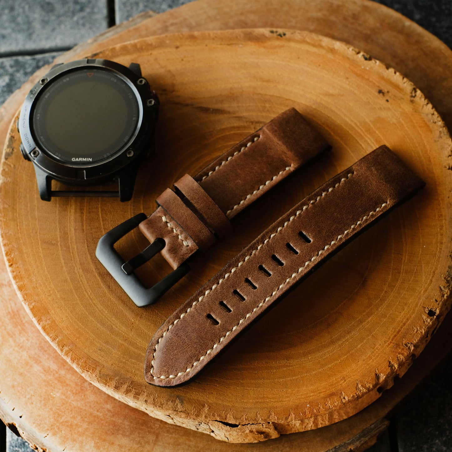 Crazy Horse Cowhide Chestnut Cream Stitching Garmin Leather Strap