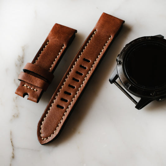 Crazy Horse Cowhide Dark Brown With Cream Stitching Garmin Leather Strap