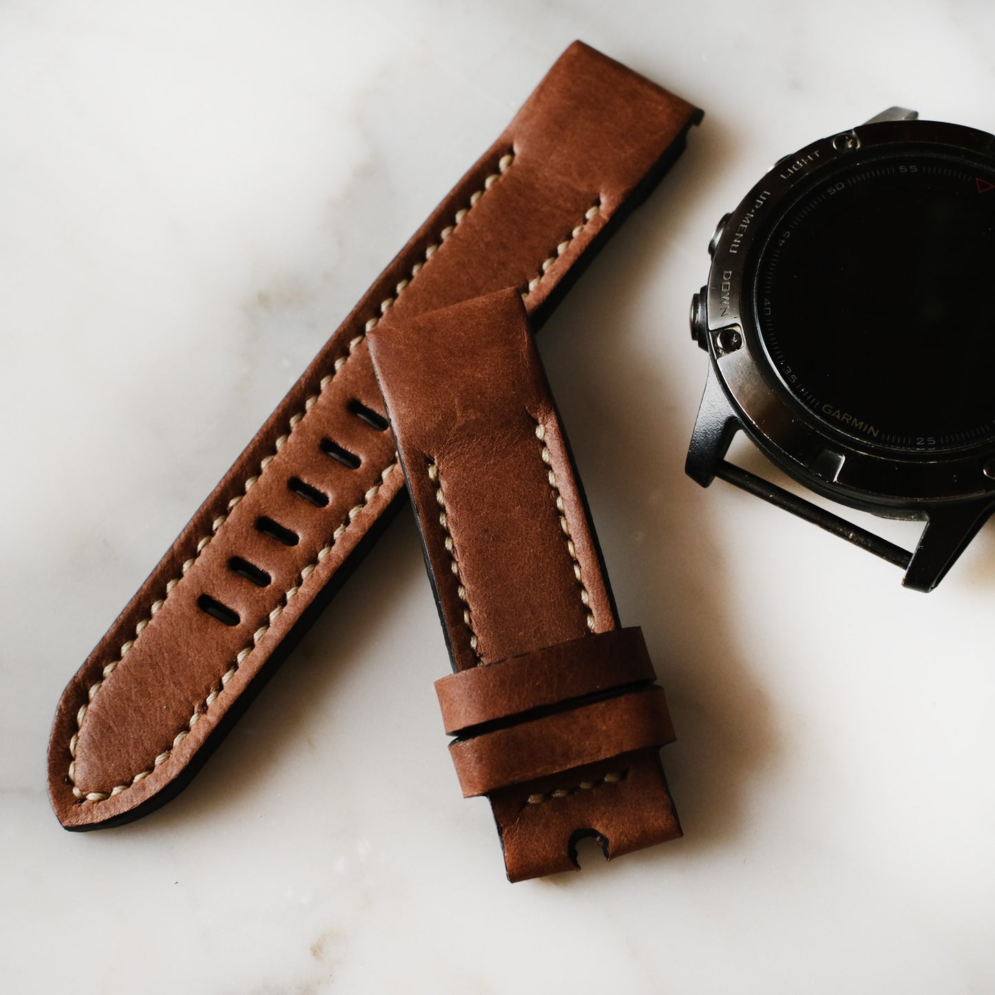 Crazy Horse Cowhide Dark Brown With Cream Stitching Garmin Leather Strap