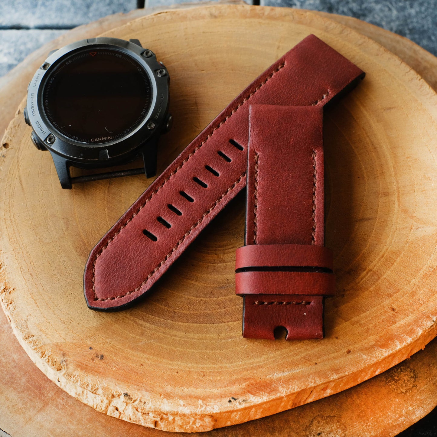 Crazy Horse Cowhide  Brown Red Garmin Leather Strap
