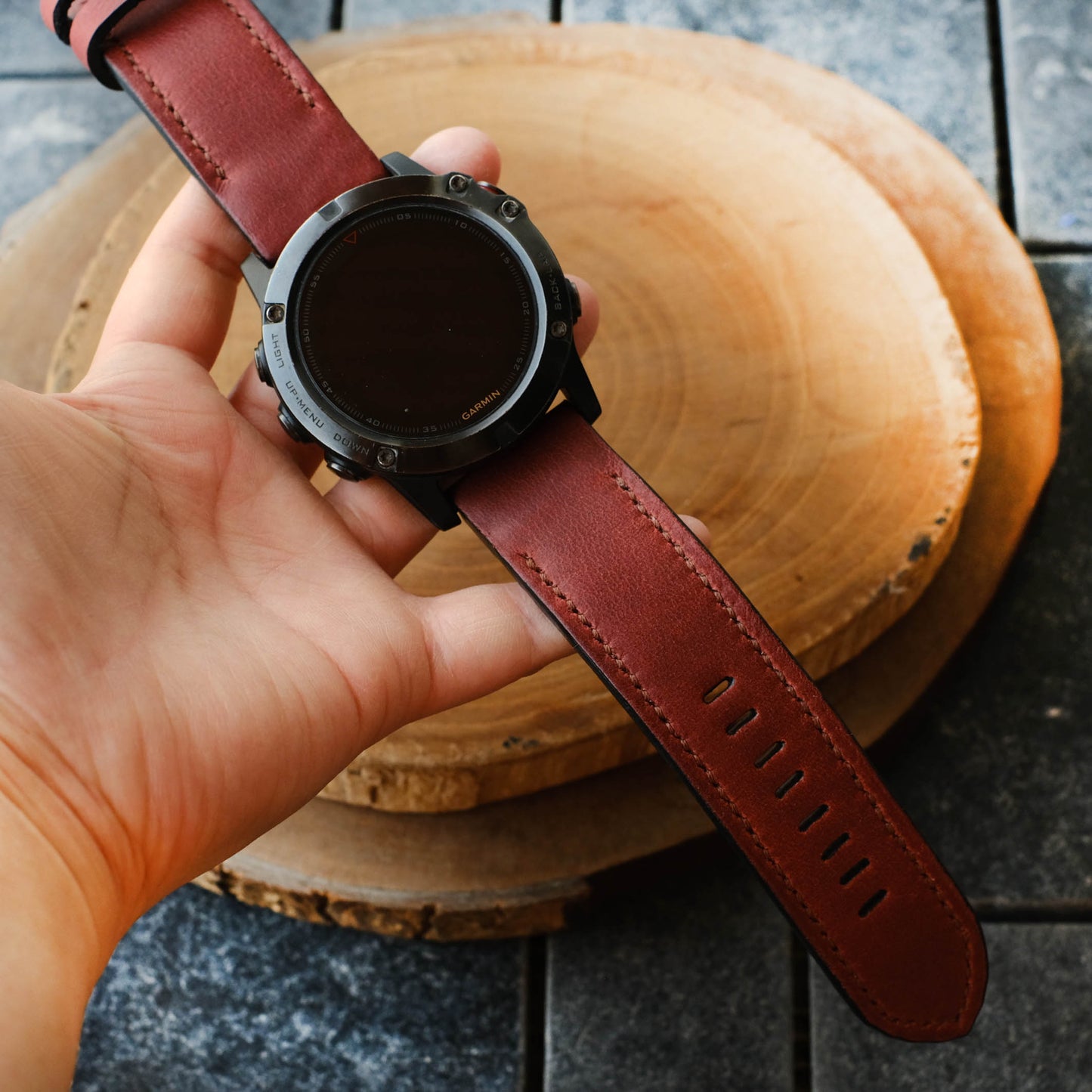 Crazy Horse Cowhide  Brown Red Garmin Leather Strap