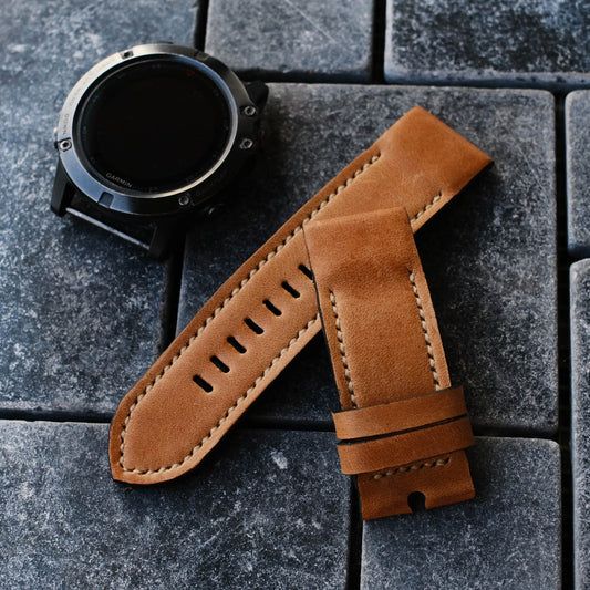 Crazy Horse Cowhide Tan Brown Cream Stitching Garmin Leather Strap