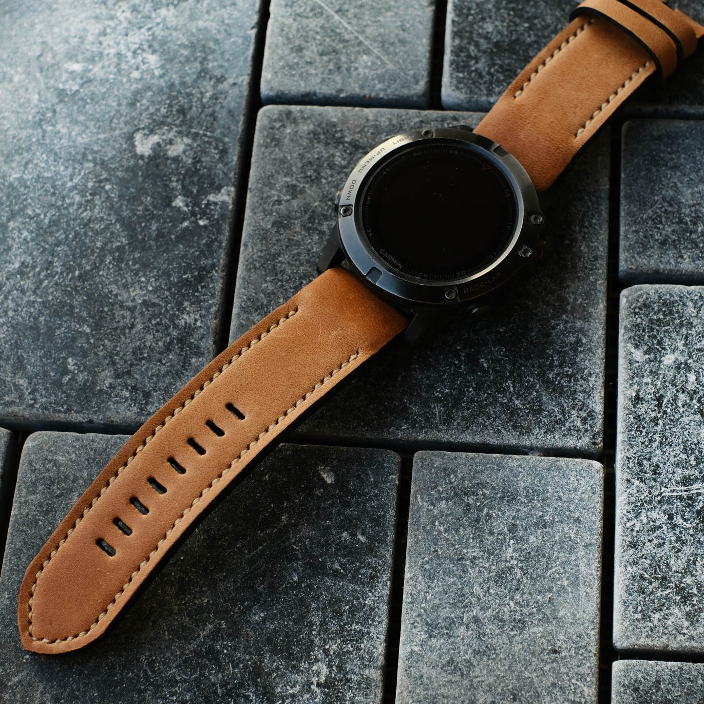 Crazy Horse Cowhide Tan Brown Cream Stitching Garmin Leather Strap