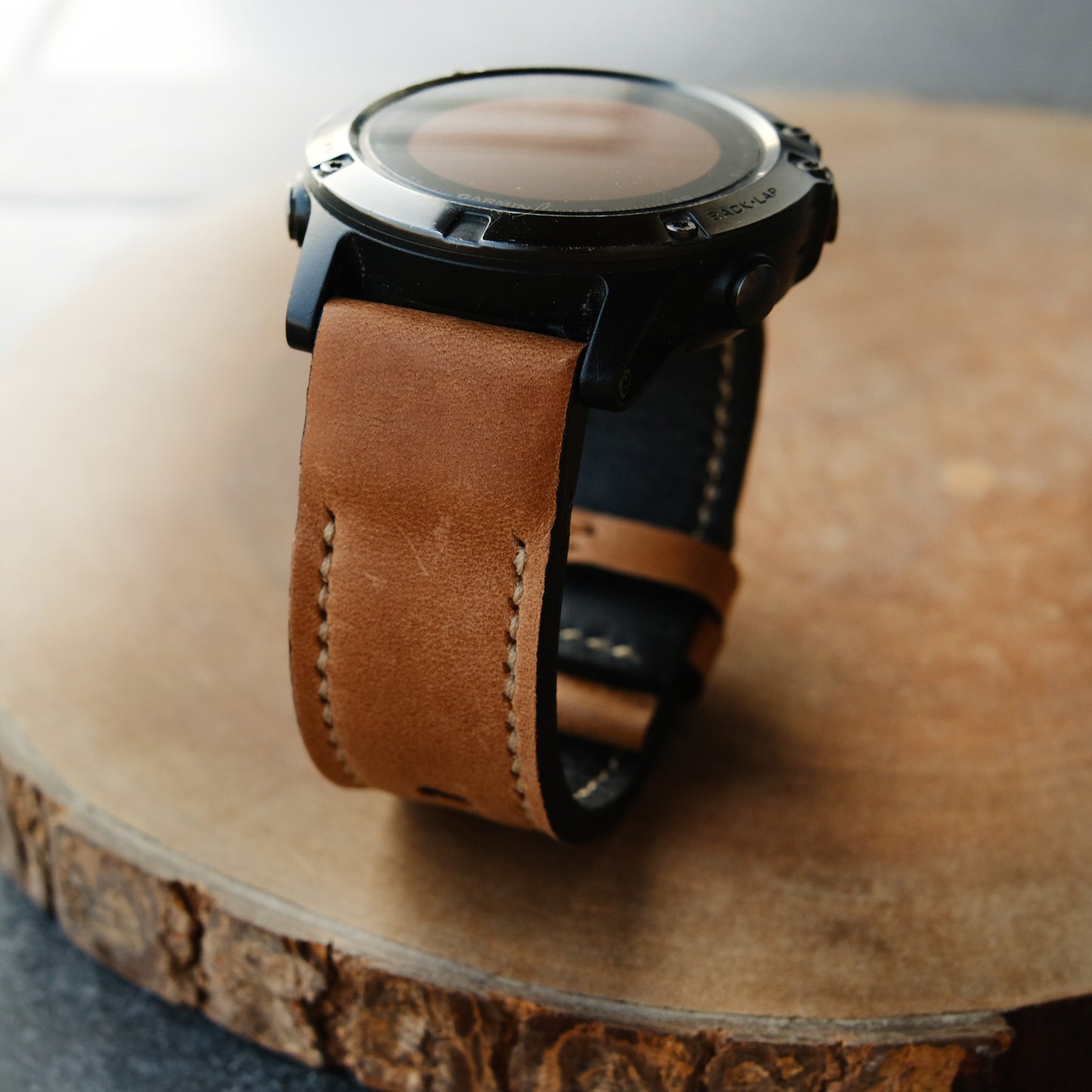 Crazy Horse Cowhide Tan Brown Cream Stitching Garmin Leather Strap