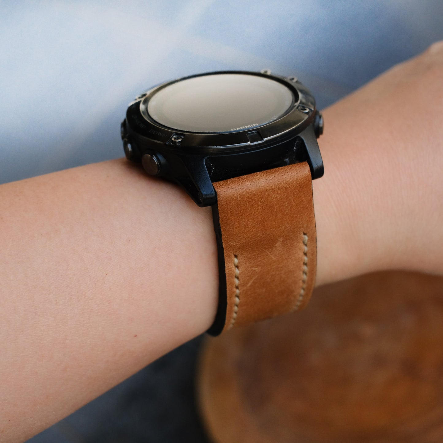 Crazy Horse Cowhide Tan Brown Cream Stitching Garmin Leather Strap