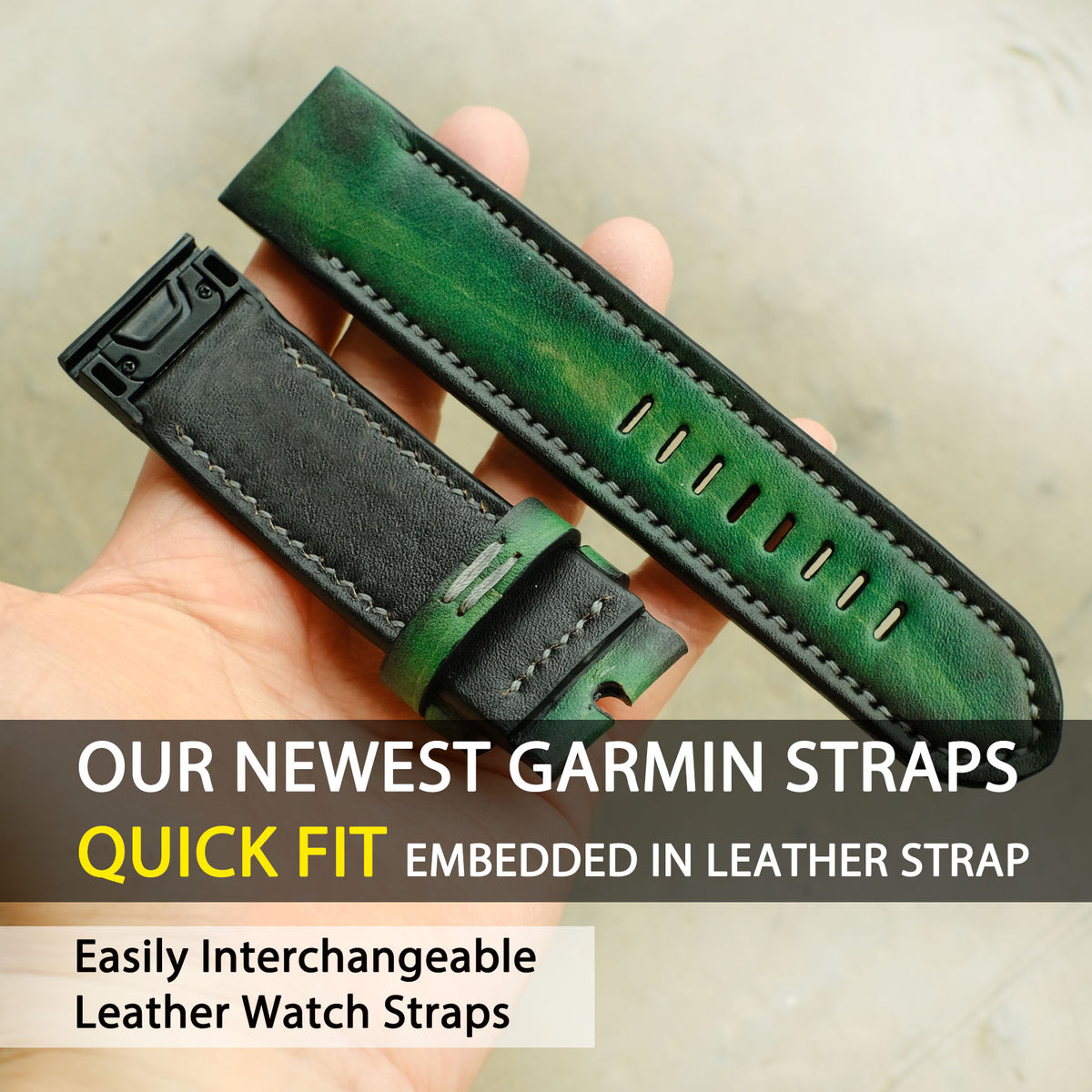 Green Leather Watch Strap For Garmin Fenix 9