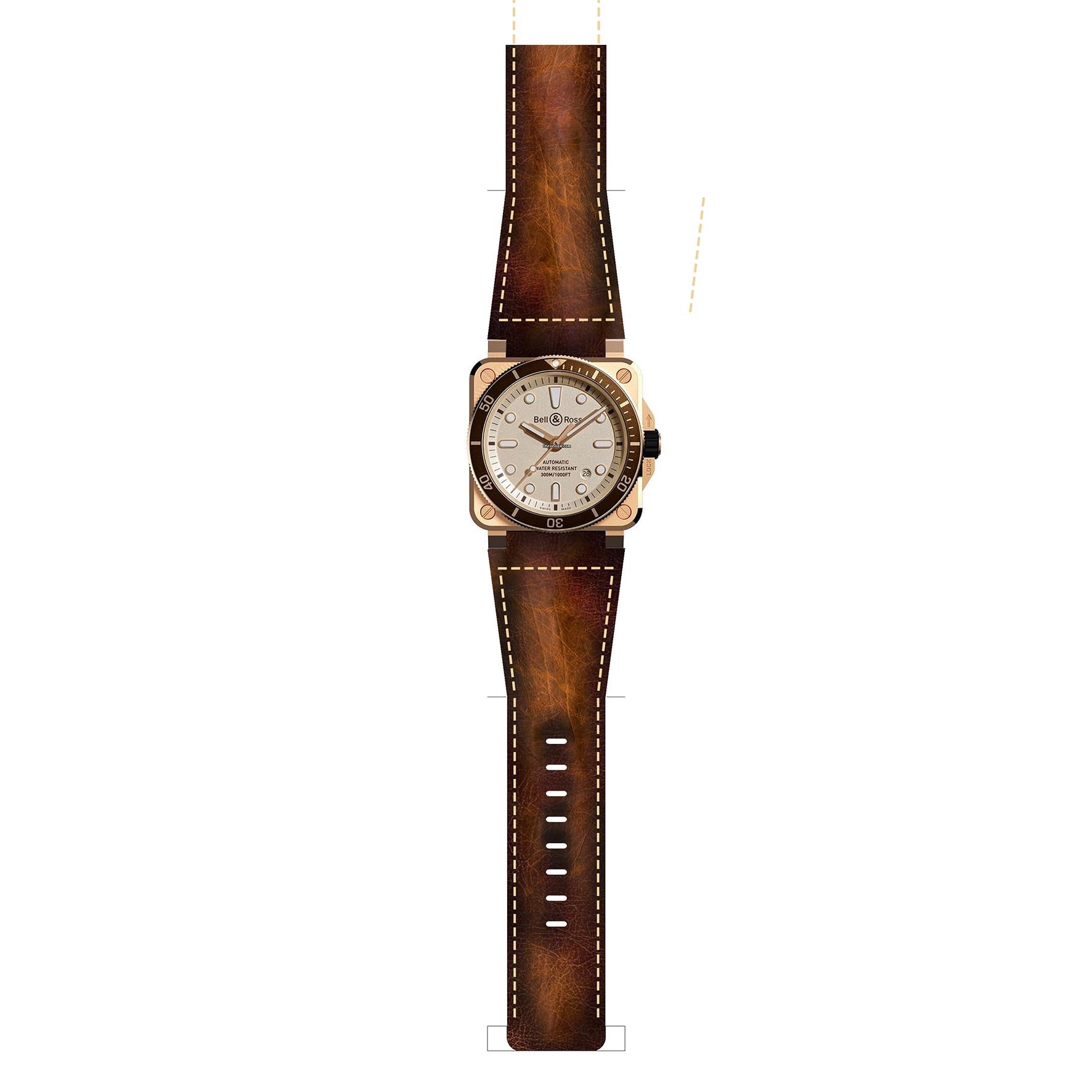 Bell & Ross Vintage Brown Square Stitching Handmade Leather Straps for BR 01 BR 03 br 02 BR S br -X1 - ruslieco