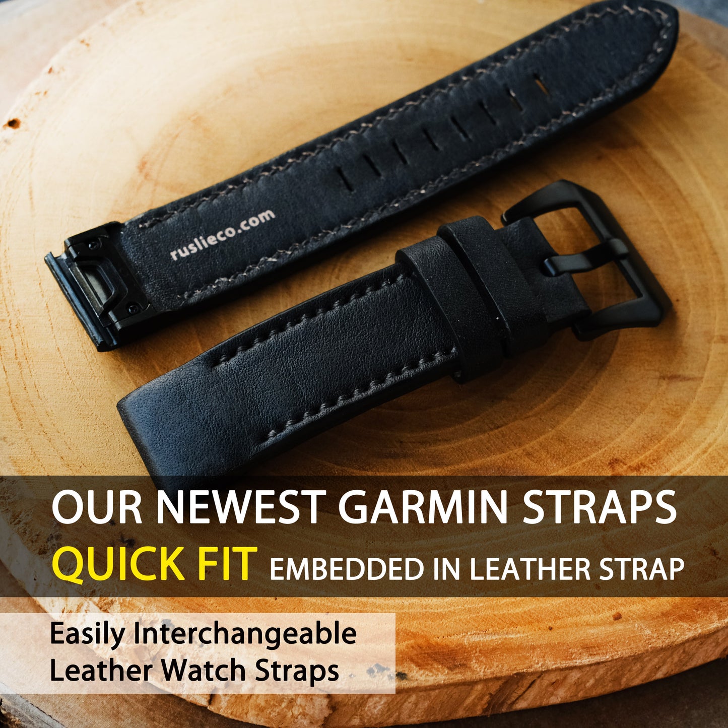 Garmin Quick Fit Watch Strap Black Leather With Black Stitching Handmade