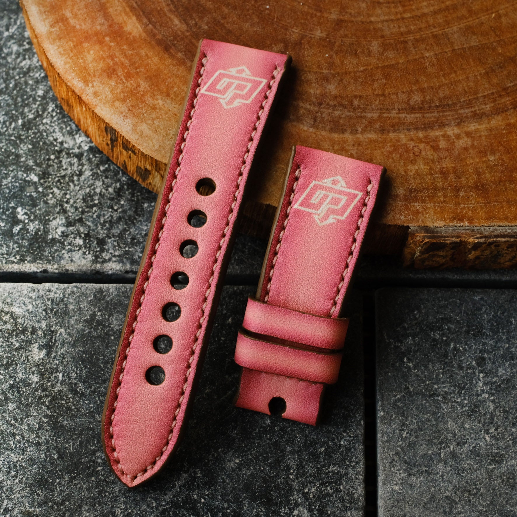 Panerai Pink Straps With PAM Logo Panerai WatchBand For Officine Panerai Luminor Marina Radiomir PAM 22mm 24mm 26mm Band Handmade Leather Strap - ruslieco