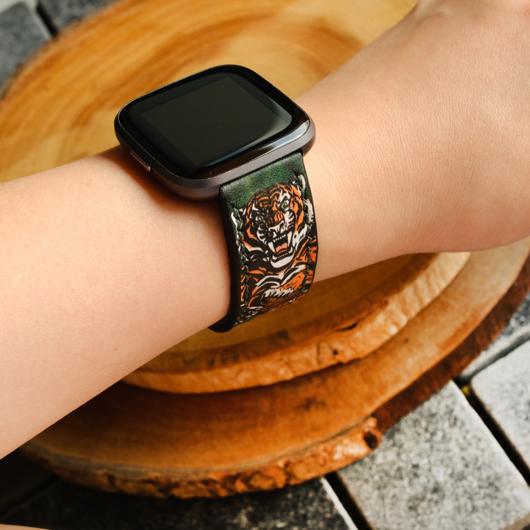 exotic tiger on green leather strap